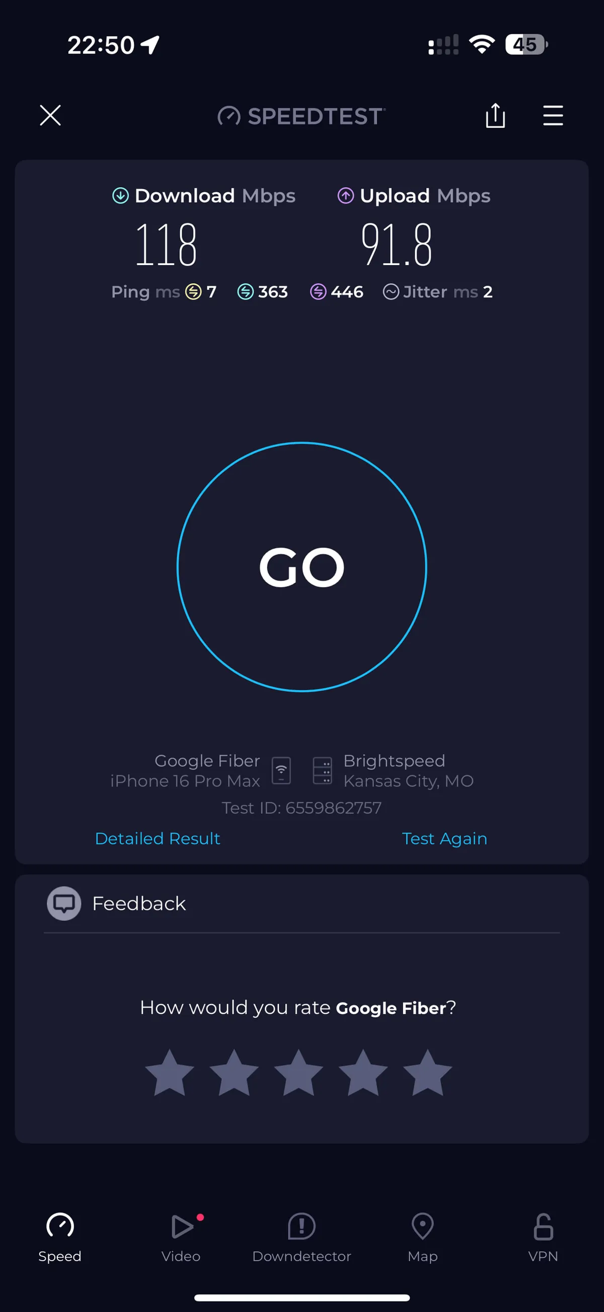 A tech-focused close-up showing a device interface with speed test results, symbolizing fast and reliable high-speed Wi-Fi, a critical amenity for remote work and streaming.